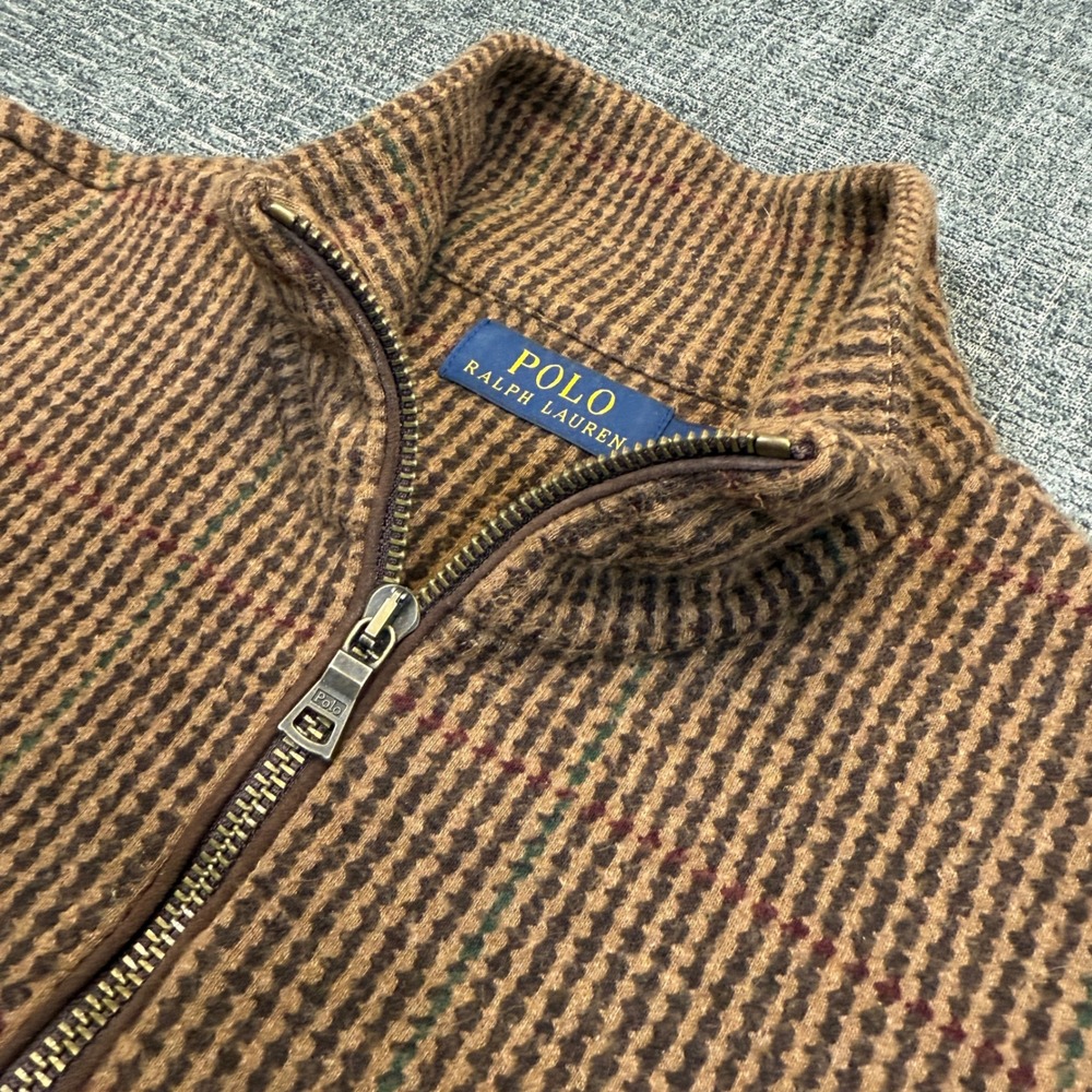 Polo Ralph Lauren Sweater Mens S Brown Houndstooth 1/4 Zip Cotton Pullover